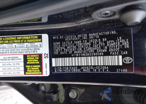 2019 Toyota Camry Se из США, поврежденный, VIN 4T1B11HK0KU280589